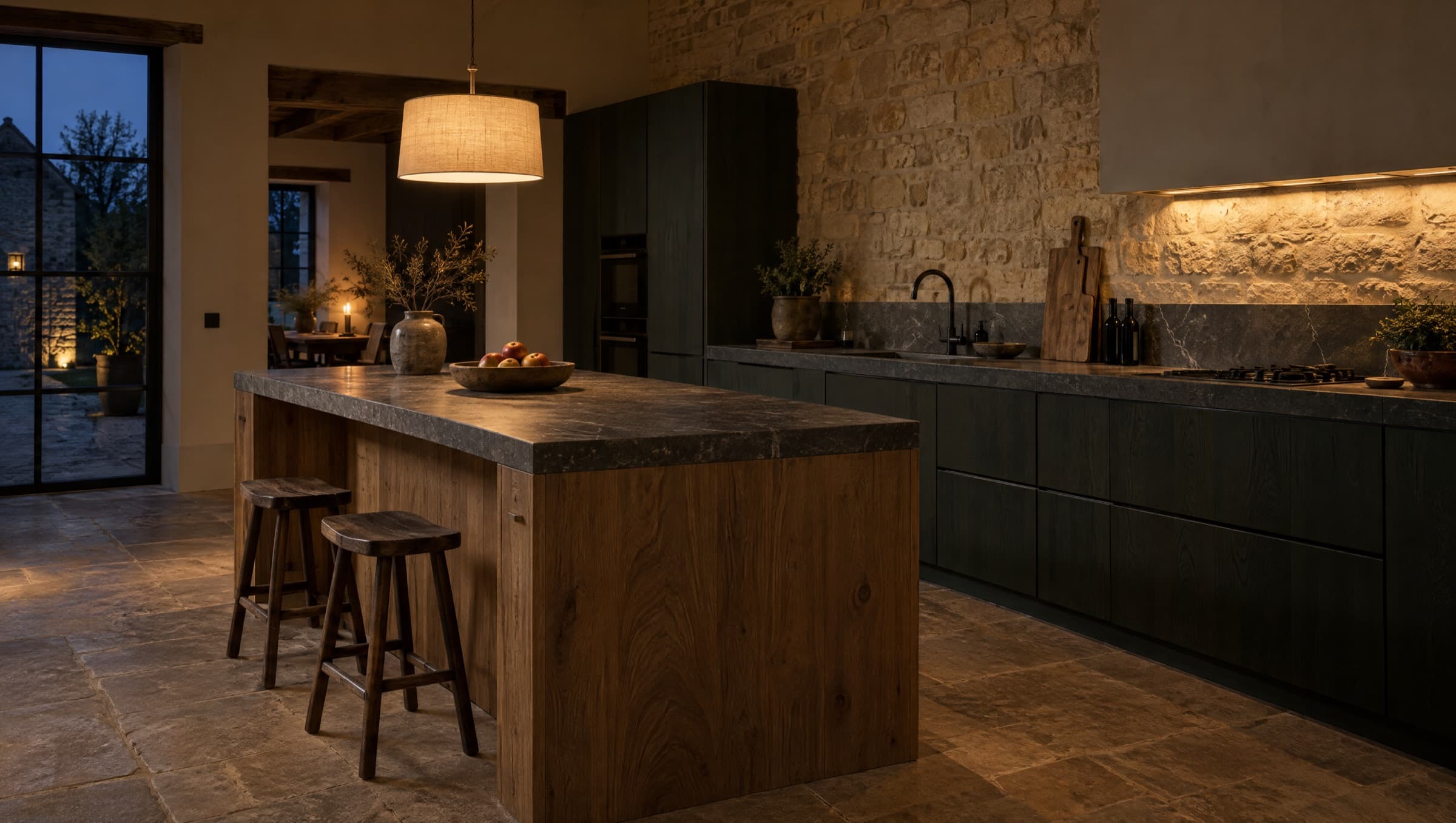 Keuken met groen gebeitste eiken kasten en hardstenen blad, 's avonds bij lamplicht.